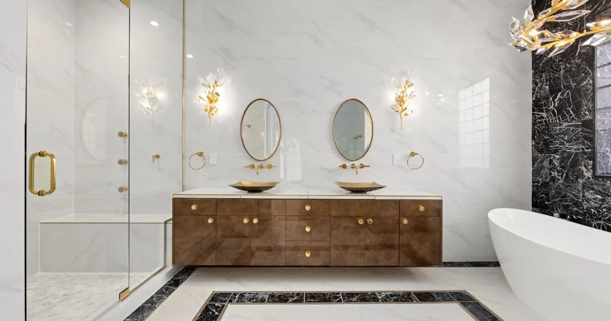 Luxury bathroom with marble vanity and gold fixtures for an elegant touch