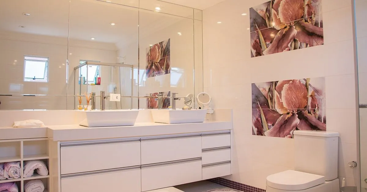 Smart mirror in modern bathroom with LED lighting and touch controls